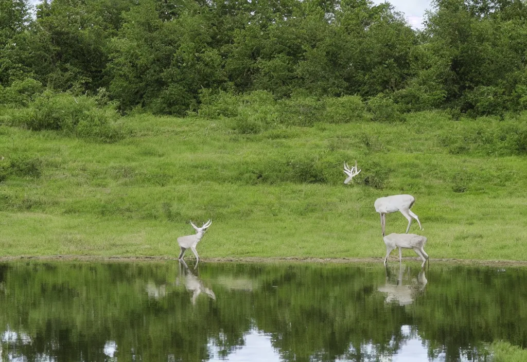 Prompt: white stag drinking from reflecting pool in a peaceful lush meadow