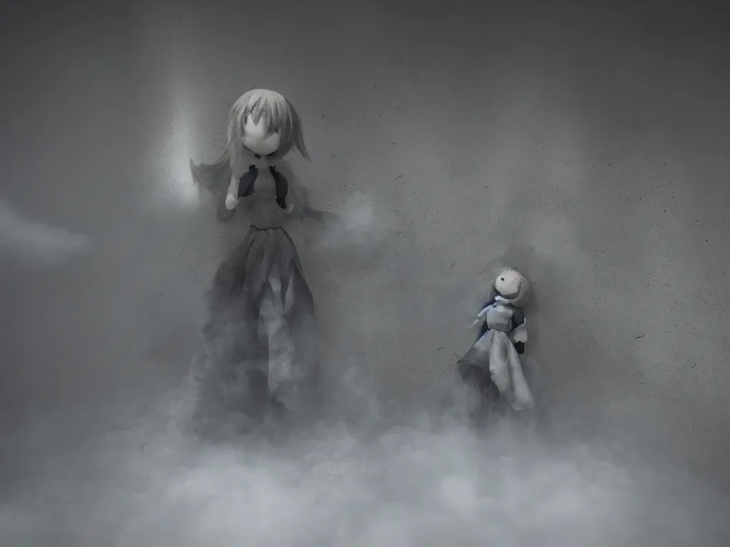 Image similar to cute fumo plush girl ghost in a mysterious concrete wartorn brutalist ruin, chibi gothic wraith maiden of the afterlife, dramatic three point lighting, glowing wisps of hazy smoke and volumetric fog swirling about, production volume rendering, vray