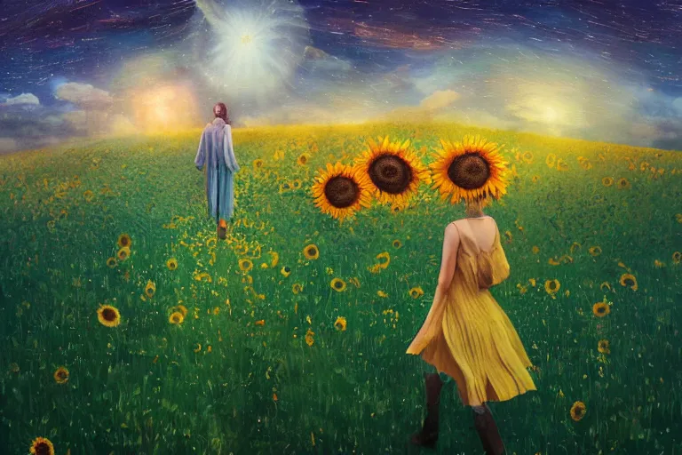 Prompt: giant sunflower as a head, girl walking in daisy field, hills, surreal photography, dark night, star trails, dramatic light, impressionist painting, clouds, digital painting, artstation, simon stalenhag