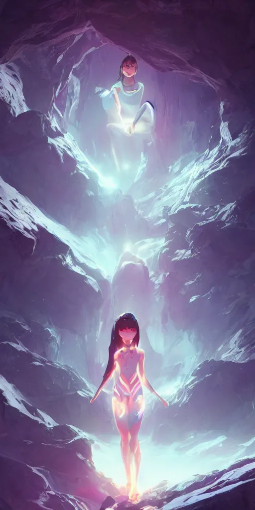 Image similar to beautiful young Himalayan woman with psychic powers, floating in a cave, sad, futuristic, somber, sci-fi summer fashion , by Makoto Shinkai and Wojtek Fus, by studio trigger, rossdraws, dramatic lighting, reflective light