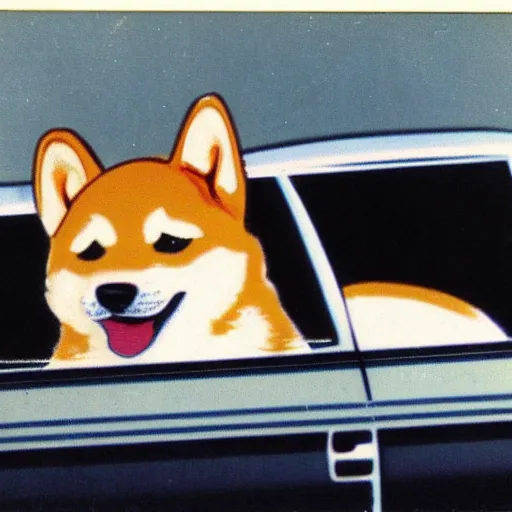 Image similar to cartoon of a shiba inu driving a car, 1977 picture, polaroid, nostalgic feeling