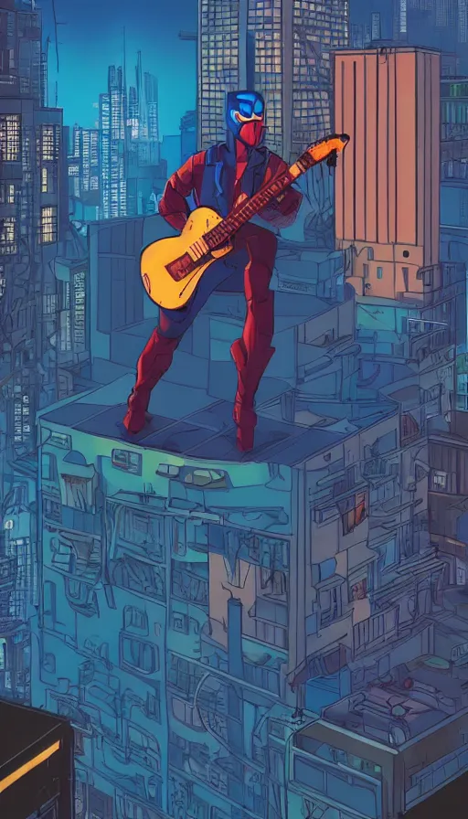 Image similar to A superhero playing the guitar on top of a rooftop in a cyberpunk city, pixar, long shot, blue hour lighting, Vaporware style, energetic, expressive, spirited, sharp, Award-Winning Art, Detailed, 8k, trending on behance