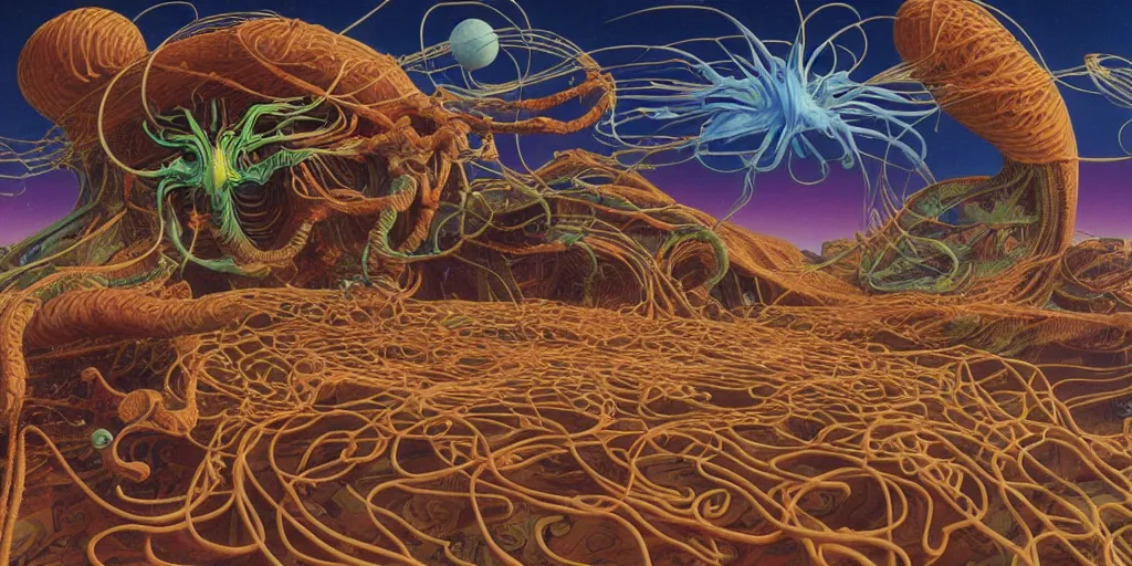 Image similar to the flying spaghetti monster flying in the space by roger dean, by masamune shirow, by wayne barlowe, futuristic, portrait, 4 k, wide eyes, hyper detailed, hyperrealism