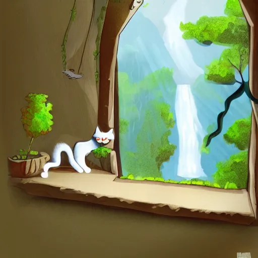 Prompt: a beautiful landscape including a waterfall and a forest through a window, cat sitting on the edge of the window, illustration, digital art, trending on artstation, no signature