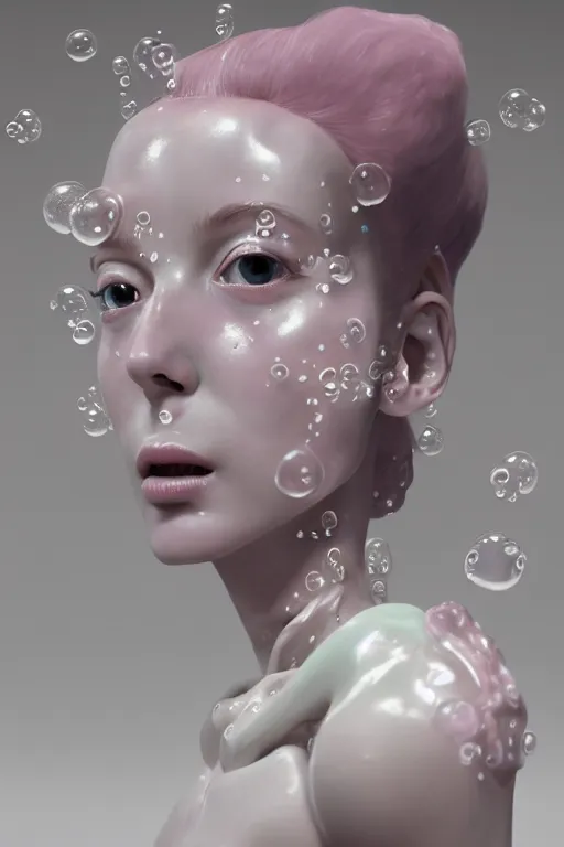 Prompt: an epic non - binary model, subject made of white cracked porcelain with oozing bubbles bursting out, delicate, beautiful, intricate, with pastel pink highlights, melting, houdini sidefx, by jeremy mann and ilya kuvshinov, jamie hewlett and ayami kojima, trending on artstation, bold 3 d