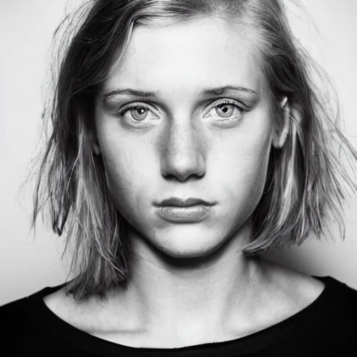 Prompt: an award winning close up portrait of face of cute 1 9 year old white woman with tired eyes, no makeup, strong jawline, skinny, short straight ginger hair in a bob style with no bangs, black t shirt, flash photography, photographed by terry richardson