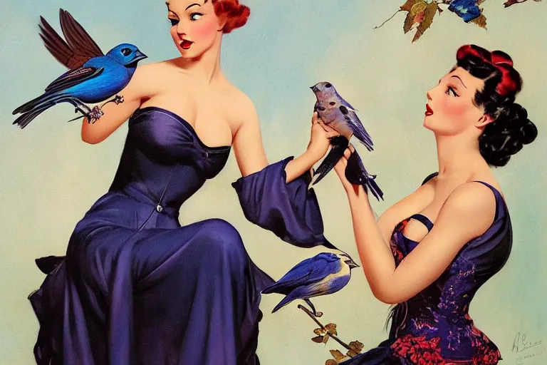 Image similar to pinup girl holding an indigo bunting, bird, the bird is wearing a bowtie, by greg rutkowski, rossdraws, gil elvgren, enoch bolles, anime, porcelain skin, very coherent