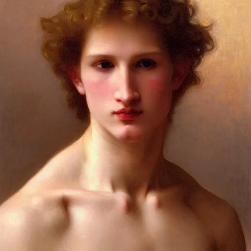 Image similar to PORTRAIT Painting of an albino germanic male Venus Apollo. LONG CURLY light blond hair. Sharp angular face high cheekbones hooked nose. Art by william adolphe bouguereau. During golden hour. Extremely detailed. Beautiful. 4K. Award winning.