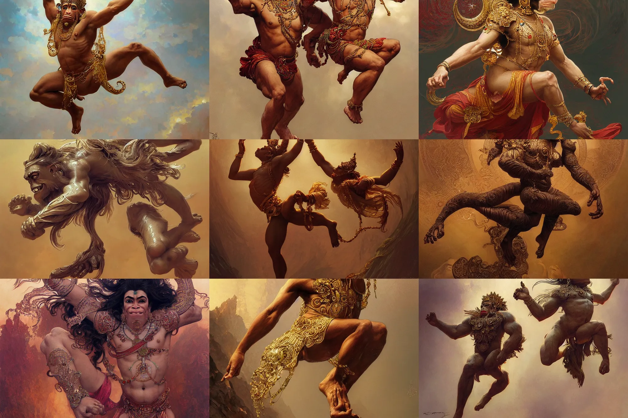 Prompt: award winning full body portrait of a beautiful ornated hanuman god, leaping!!!!!, intricate, elegant, highly detailed, digital painting, artstation, concept art, smooth, sharp focus, digital illustration, art by krenz cushart and artem demura and alphonse mucha