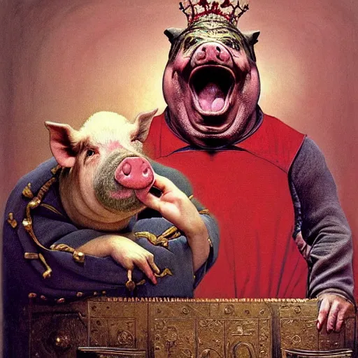 Image similar to a hyper realistic royal pig sits in his throne as a jester begs for his life moments before his demise, highly detailed, by zdzisław beksinski and norman rockwell and greg rutkowskiweta studio, and lucasfilm