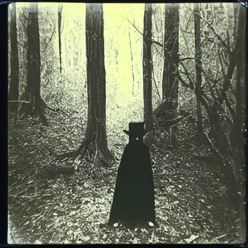 Image similar to polaroid picture of The Babadook standing in the woods, creepy, dark scary