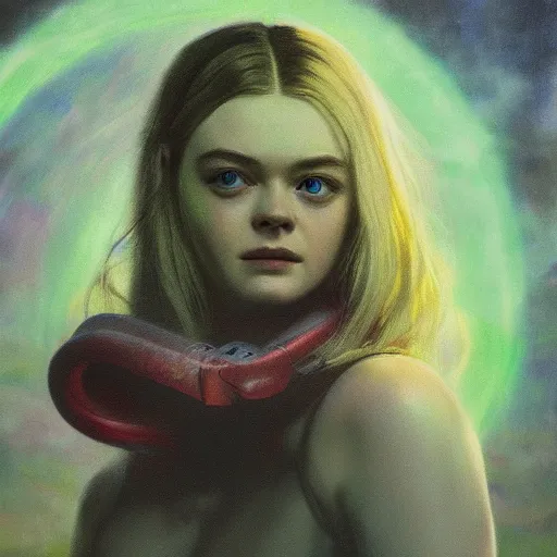 Prompt: ultra realistic portrait painting of elle fanning in fallout 3 surrounded by green glowing radiation, art by frank frazetta, 4 k, ultra realistic, highly detailed, epic lighting