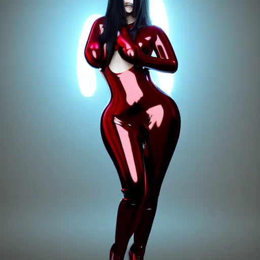 Prompt: a fully clothed curvy feminine young hot pale goth cutie wearing an elaborate modest shiny tight dark red latex-nylon-leather neck-high outfit with neon accents, cgsociety, photorealistic, sublime-comforting-intruiging ambience, thick hips-breasts and thin waist, 16k, smooth, sharp focus, trending on ArtStation, volumetric lighting