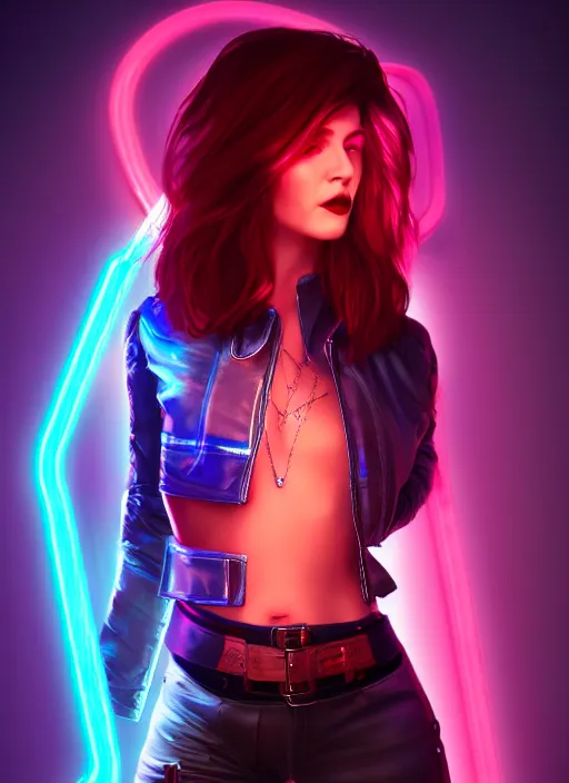 Image similar to pretty young woman with shoulder length shiny shimmering dark red hair and wearing a stuffed leather jacket with the glow of neon lights illuminating her, path traced, highly detailed, high quality, digital painting, by cd projekt red, cyberpunk,