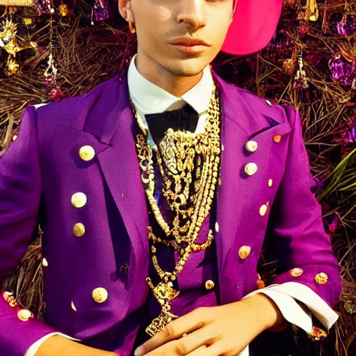 Prompt: A very handsome jewelpunk young man. A Jewelpunk society would be one of gleaming perfection, where every surface is adorned with sparkling gems and jewelry. The skies would be a rainbow of colors, as light reflecting off of the endless gems creates a spectrum of hues. The people would be impeccably dressed, with each outfit adorned with jewels that match their personality and status. Even the weapons and other tools would be made out of precious metals and gems, adding to the overall air of opulence. Men are objectified as much as women.