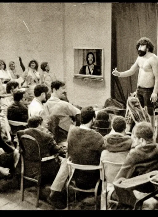 Prompt: old photo of a caveman giving a lecture to a group of harvard students