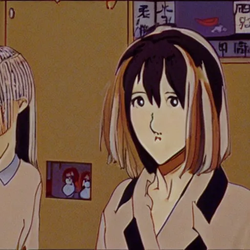 Image similar to screenshot from guro anime, 8 0's horror anime, yellowed grainy vhs footage with noise, schoolgirls trapped in a bathroom, girls are in beige sailor school uniforms, one girl has white hair, detailed expressive faces, various hair colors and styles, various ages, in the style of studio ghibli,