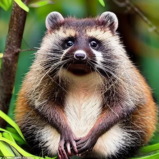 Prompt: award winning photograph of a mix of a nezumi and a tanuki; newly discovered species makes its debut on the cover of nature; found in a remote village in japan, the cute critter is half rat half tanuki and was caught on camera for the first time