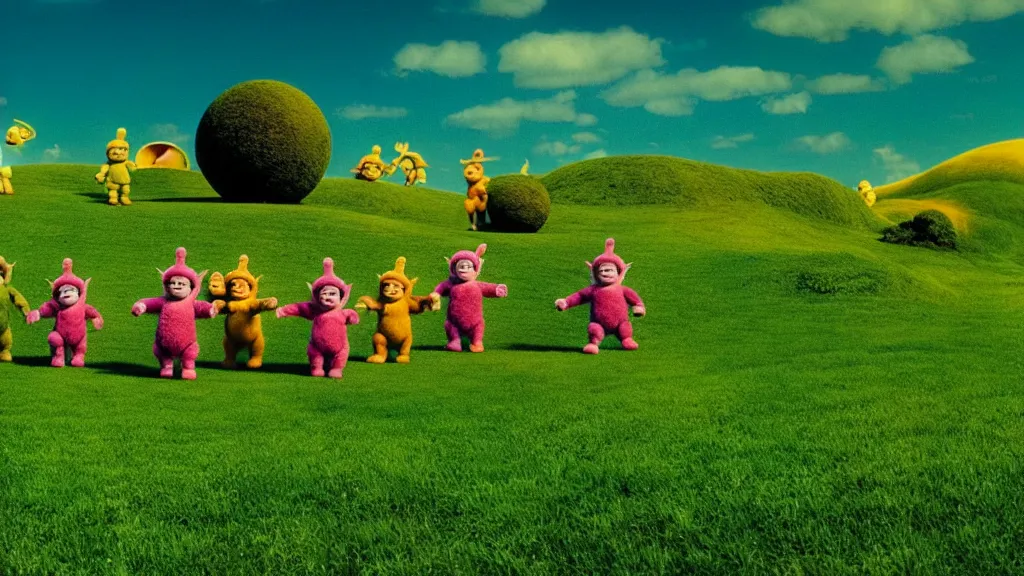 Image similar to Teletubbies performing cult sacrifice on sunny green hills, film still from the movie directed by Denis Villeneuve with art direction by Zdzisław Beksiński, wide lens