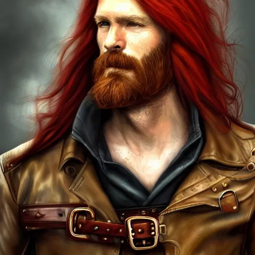 Prompt: portrait of a rugged!!!! male captain with long red hair!!!!!!, upper body, flowing hair, ethereal, handsome, leather coat, Steampunk zeppelin!!!!!!!, D&D, fantasy, simple clothing!!!!, elegant, highly detailed, digital painting, deviantart, artstation, concept art, sharp focus, illustration, art by Artgerm and Greg Rutkowski and Alphonse Mucha