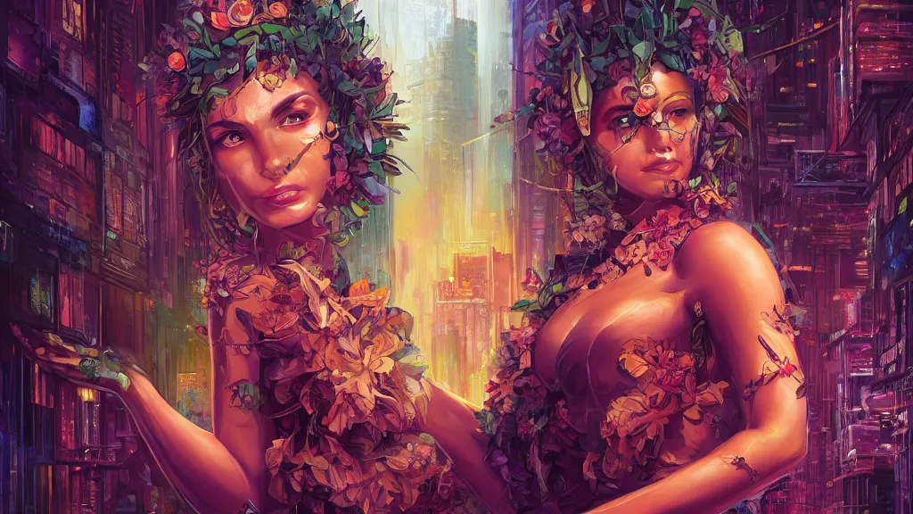 Image similar to a beautiful closeup portrait painting of a flower goddess in a sensual pose, in the style dan mumford artwork, in the background a futuristic cyberpunk city with lit windows is seen.