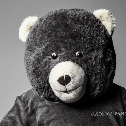 Image similar to the face of kanye west wearing teddy bear costume at 4 2 years old, portrait by julia cameron, chiaroscuro lighting, shallow depth of field, 8 0 mm, f 1. 8