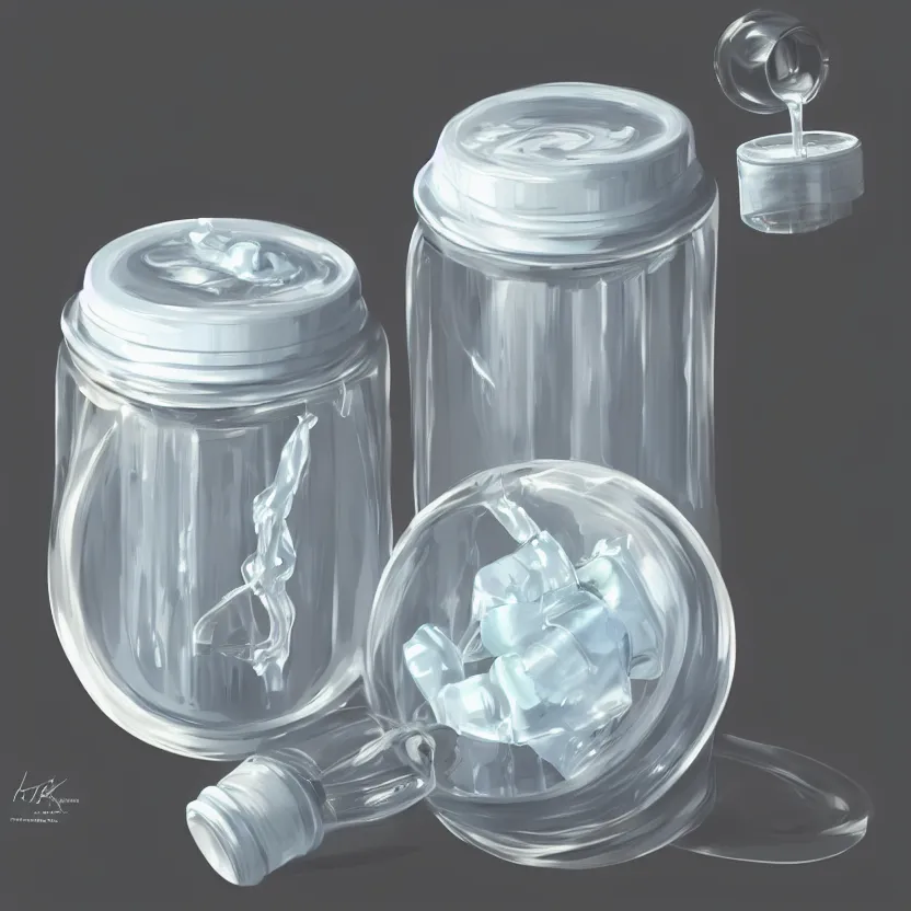 Prompt: concept art of luxury very modern white liquid dietary supplement in a round transparent bottle, it has a black sticker on it, by aenaluck, artgerm and roberto ferri and greg rutkowski, light blue and white tones, digital painting, artstation, concept art, smooth, sharp foccus ilustration hq