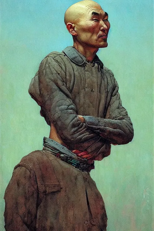 Image similar to beautiful cute bald kazakh guy with a short beard, painted by beksinski, norman rockwell, jack kirby, tom lovell, alex malveda, greg staples