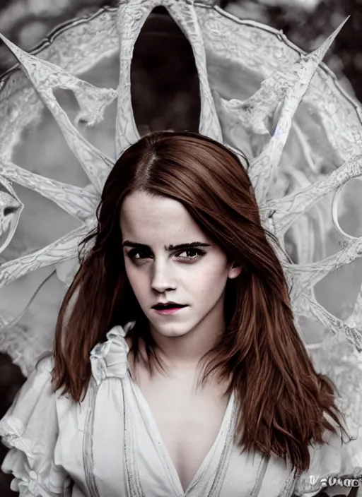 Image similar to Emma Watson for Victorian Secret as anime character, perfect symmetrical face, full length shot, XF IQ4, 50MP, 50mm, f/1.4, ISO 200, 1/160s, natural light, Adobe Lightroom, rule of thirds, symmetrical balance, depth layering, polarizing filter, Sense of Depth