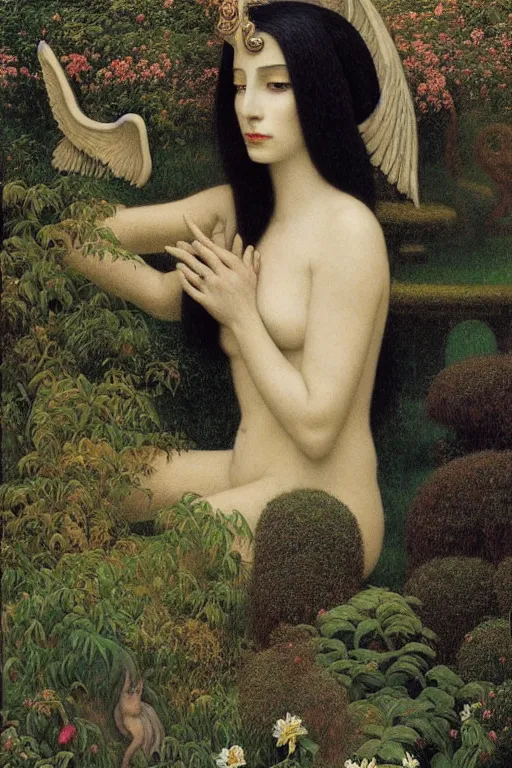 Image similar to a detailed painting of a beautiful mythical sphinx, beautiful woman face, mythical creature, lush garden, during night, magical mood, muted tones, symbolist painting, by fernand khnopff, jean delville, james jean, exquisite details, dark mood,