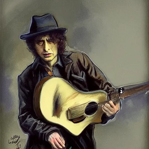 Image similar to character portrait of a rugged bob dylan playing his guitar in the fullham. f. c stadium, gothic, john singer sargent, muted colors, moody colors, illustration, digital illustration, amazing values, art by j. c. leyendecker, joseph christian leyendecker, william - adolphe bouguerea, graphic style, dramatic lighting, gothic lighting