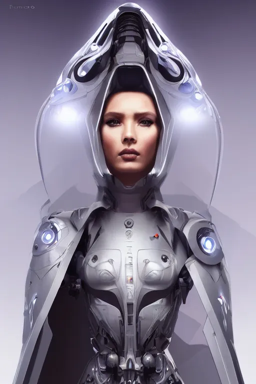 Image similar to beautiful cyborg priestess, scifi, perfect face, futuristic, elegant cape, aura of light, glow, concept art, sharp focus, inside a space ship, trending on artstation, hwang se - on, intricate, advanced technology, art by roman makarenko and simon almeida and marcos melco