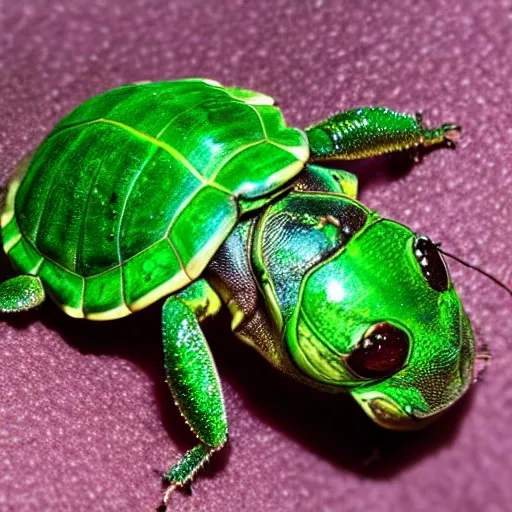 Image similar to hybrid of green beetle and turtle, photorealistic, close - up