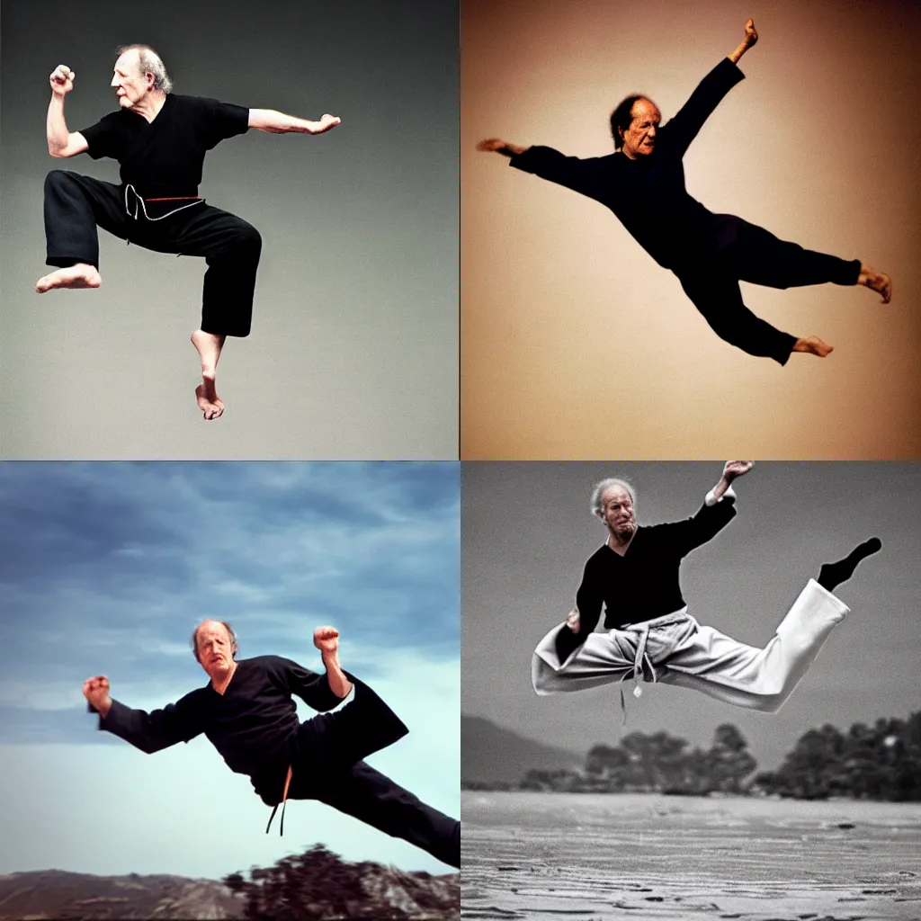 Prompt: Werner Herzog doing a flying karate kick, action photography, incredibly detailed, award-winning,