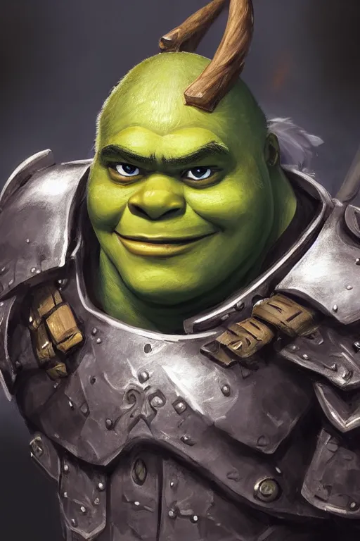 Image similar to A realistic anime portrait of Shrek, warrior, D&D, two handed Axe, full body plated armor, dungeons and dragons, tabletop role playing game, rpg, jrpg, digital painting, by Stanley Artgerm Lau, Frank frazzeta, WLOP and Rossdraws, digtial painting, trending on ArtStation, SFW version