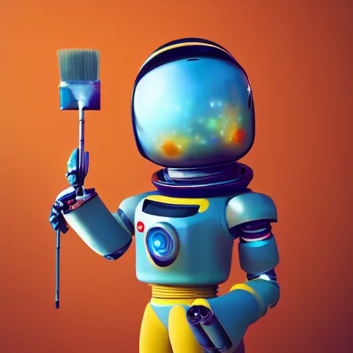 Image similar to space robot holding big paintbrushes, painting a canvas, cute, pixar, galaxy, photorealism 4 k, octane render, clean design, beautiful light