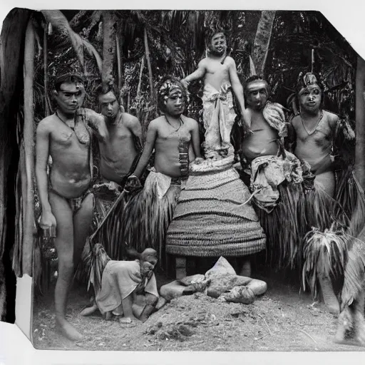 Prompt: lost film footage of a sacred ( ( ( ( ( ( indigenous ) ) ) ) ) ) artifact in the middle of the ( ( ( ( ( ( ( ( ( ( tropical jungle ) ) ) ) ) ) ) ) ) ) / ethnographic object / film still / cinematic / enhanced / 1 9 0 0 s / black and white / grain