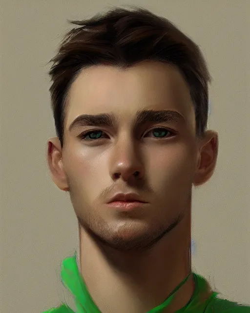 Image similar to face of a masculine young man with thin face lines, have long brown hair and green eyes, very beautiful portrait, low angle, realistic and perfect art, trending on artstation, good lighting