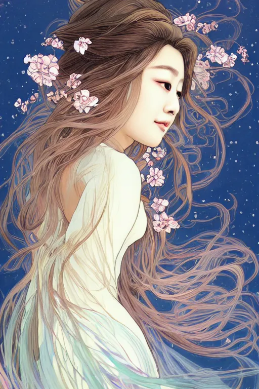 Image similar to beautiful young heroine portrait like twice tzuyu+happy+smoky eyes+front face with light flowing hair smiling, ultradetail face by tian zi and WLOP and alphonse mucha, great wave of hokusai, illustration, fantasy, acryllic spill, intricate complexity, chinese, goddess, holy, divine, rule of thirds, fantasy character concept, watermark, blurry, 8k