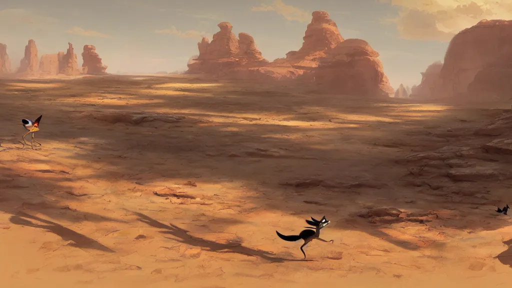 Image similar to wile e coyote chasing roadrunner across the open sand, karst landscape desert, wide shot, concept art by greg rutkowski