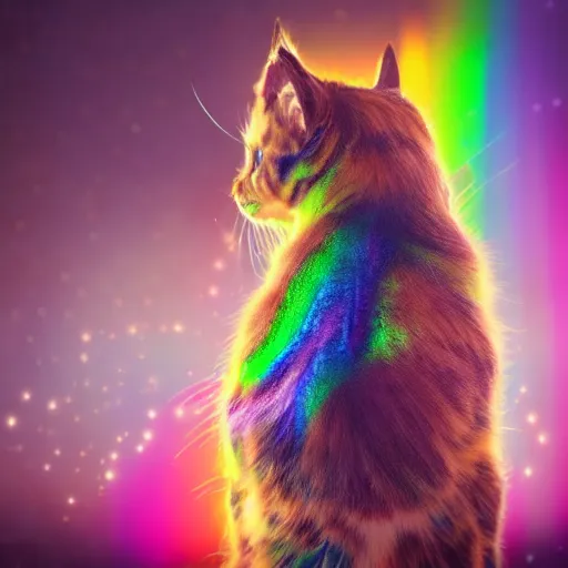 Image similar to full body pose, hyperrealistic photograph of a magic rainbow kitten, dim volumetric lighting, 8 k, octane beautifully detailed render, extremely hyper detailed, intricate, epic composition, cinematic lighting, masterpiece, trending on artstation, very very detailed, stunning, hdr, smooth, sharp focus, high resolution, award, winning photo, dslr, 5 0 mm