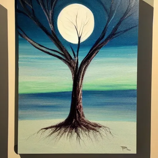 Prompt: This painting has such a feeling of peace and serenity. The tree is so still and calm, despite the wind blowing around it. The moonlight casts a soft glow over everything and the starts seem to be winking at you...