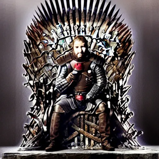 Prompt: king john oliver wearing armor sitting on the iron throne of westeros