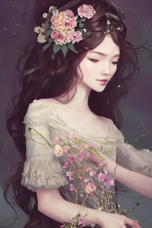 Image similar to romantic and fashion and love princess of the flower with sheath dress, 8 k realistic, teenager girl, baroque, symmetrical, flowing hair, smile, trending pinterest and pixiv, muted colors, hyperrealistic, l close up shot, character concept art, face by kyoung hwan kim, alexandra fomina, ilya kuvshinov