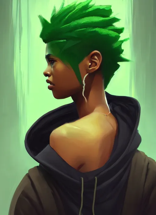 Image similar to photographic portrait of an handsome young black woman with a mohican haircut and green eyes in a back hoodie, broad lighting, elegant, highly detailed, digital painting, artstation, concept art, sharp focus, star wars, illustration, art by makoto shinkai