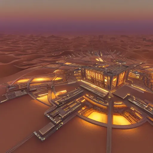 Prompt: a futuristic city in the desert during sunset, lake view, ultra realistic, highly detailed, award winning, top view, wide angle