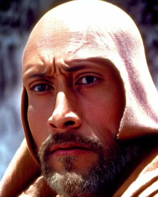 Image similar to Film still close-up shot of Dwayne Johnson as Obi-Wan Kenobi from the movie Return of the Jedi. Photographic, photography