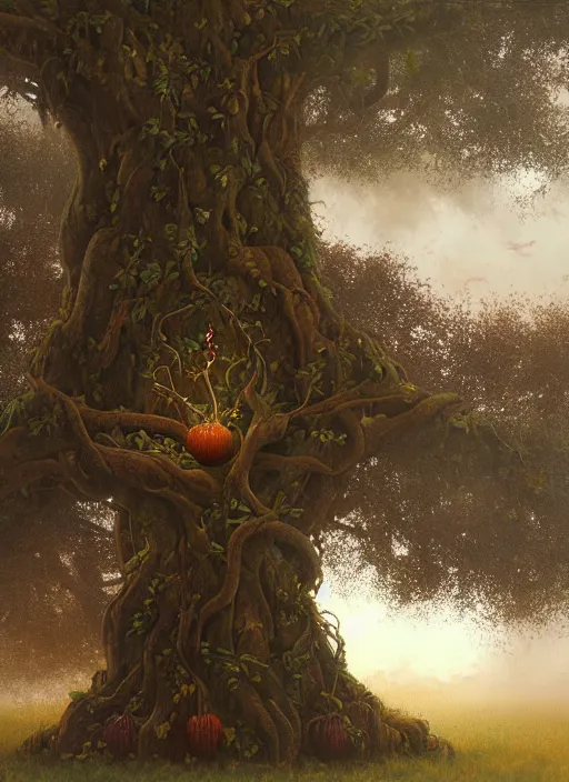 Image similar to ayahuma tree looking like an ent with brown round fruits, art by christophe vacher