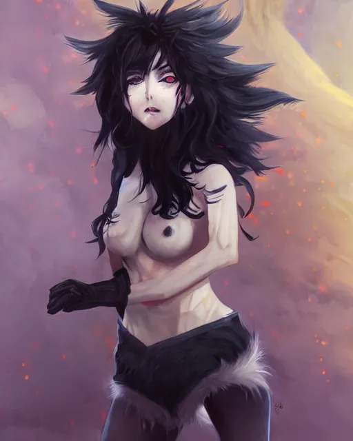 Image similar to anime wolfgirl with shaggy black hair, glowing orange eyes, dark grey skin and furry arms, digital art, by Fernanda Suarez and and Edgar Maxence