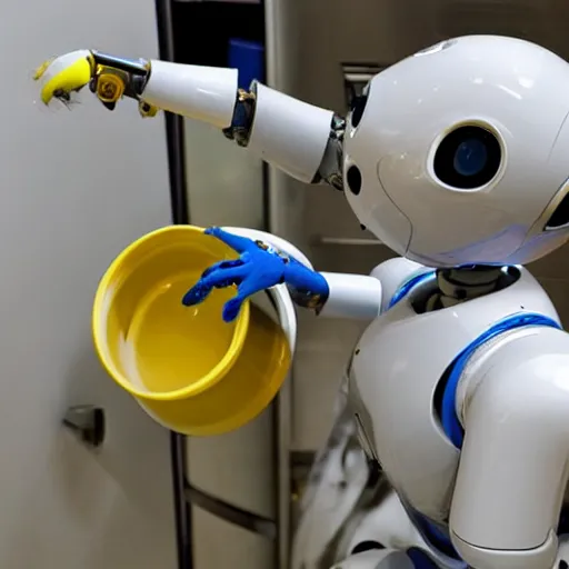 Prompt: a clumsy humanoid robot doing the dishes badly.
